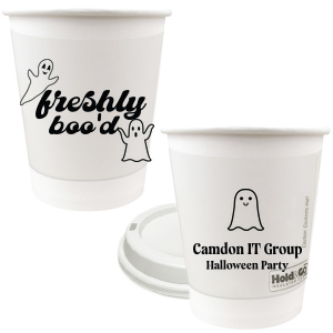 Fill the Freshly Boo'd Cup with the spooky drinks of your choice! Perfect for enjoying coffee while you are passing out Halloween candy or having fun at an office party. It features ghost graphics and a space to personalize with your name. 