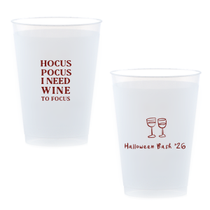 The Hocus Pocus Focus Cup is the ideal custom Halloween party accessory.  Featuring the phrase "hocus pocus I need candy to focus" and a modern and minimal graphic of wine glasses, you can personalize with your name, and the year. This chic Halloween accessory will be a hit at your autumnal events. 