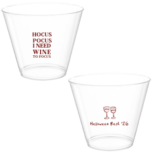 The Hocus Pocus Focus Cup is the ideal custom Halloween party accessory.  Featuring the phrase "hocus pocus I need candy to focus" and a modern and minimal graphic of wine glasses, you can personalize with your name, and the year. This chic Halloween accessory will be a hit at your autumnal events. 