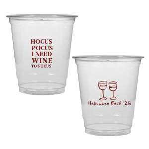 The Hocus Pocus Focus Cup is the ideal custom Halloween party accessory.  Featuring the phrase "hocus pocus I need candy to focus" and a modern and minimal graphic of wine glasses, you can personalize with your name, and the year. This chic Halloween accessory will be a hit at your autumnal events. 
