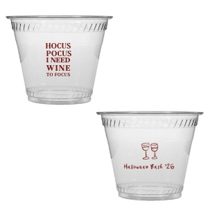 The Hocus Pocus Focus Cup is the ideal custom Halloween party accessory.  Featuring the phrase "hocus pocus I need candy to focus" and a modern and minimal graphic of wine glasses, you can personalize with your name, and the year. This chic Halloween accessory will be a hit at your autumnal events. 