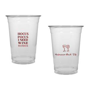 The Hocus Pocus Focus Cup is the ideal custom Halloween party accessory.  Featuring the phrase "hocus pocus I need candy to focus" and a modern and minimal graphic of wine glasses, you can personalize with your name, and the year. This chic Halloween accessory will be a hit at your autumnal events. 