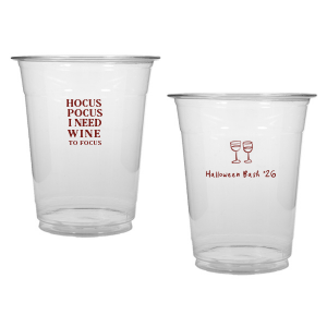 The Hocus Pocus Focus Cup is the ideal custom Halloween party accessory.  Featuring the phrase "hocus pocus I need candy to focus" and a modern and minimal graphic of wine glasses, you can personalize with your name, and the year. This chic Halloween accessory will be a hit at your autumnal events. 