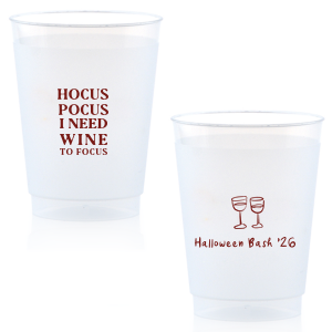 The Hocus Pocus Focus Cup is the ideal custom Halloween party accessory.  Featuring the phrase "hocus pocus I need candy to focus" and a modern and minimal graphic of wine glasses, you can personalize with your name, and the year. This chic Halloween accessory will be a hit at your autumnal events. 