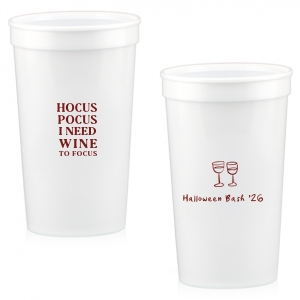 The Hocus Pocus Focus Cup is the ideal custom Halloween party accessory.  Featuring the phrase "hocus pocus I need candy to focus" and a modern and minimal graphic of wine glasses, you can personalize with your name, and the year. This chic Halloween accessory will be a hit at your autumnal events. 