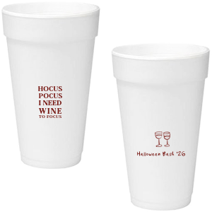 The Hocus Pocus Focus Cup is the ideal custom Halloween party accessory.  Featuring the phrase "hocus pocus I need candy to focus" and a modern and minimal graphic of wine glasses, you can personalize with your name, and the year. This chic Halloween accessory will be a hit at your autumnal events. 