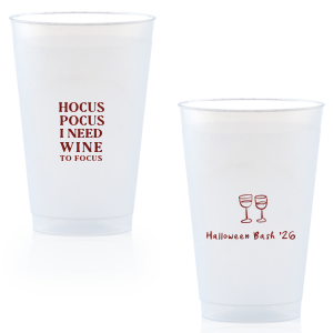 The Hocus Pocus Focus Cup is the ideal custom Halloween party accessory.  Featuring the phrase "hocus pocus I need candy to focus" and a modern and minimal graphic of wine glasses, you can personalize with your name, and the year. This chic Halloween accessory will be a hit at your autumnal events. 