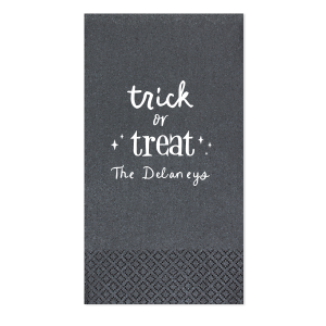 The Starry Trick Or Trick Napkin is the perfect custom Halloween party accessory for your event. Personalize this star adorned personalized napkin with your family's last name in a modern script font. This minimal Halloween napkin will add the perfect detail to your Halloween party. 