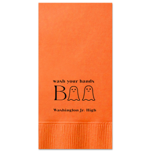 The Wash Your Hands Boo Napkin will elevate your bathroom this Halloween season. Two ghosts help spell out "wash your hands boo." You can personalize with your name, school, or location of your Halloween party!