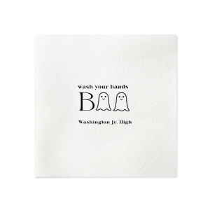 The Wash Your Hands Boo Napkin will elevate your bathroom this Halloween season. Two ghosts help spell out "wash your hands boo." You can personalize with your name, school, or location of your Halloween party!