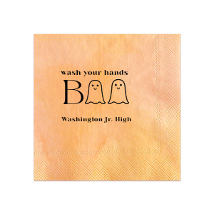 The Wash Your Hands Boo Napkin will elevate your bathroom this Halloween season. Two ghosts help spell out "wash your hands boo." You can personalize with your name, school, or location of your Halloween party!