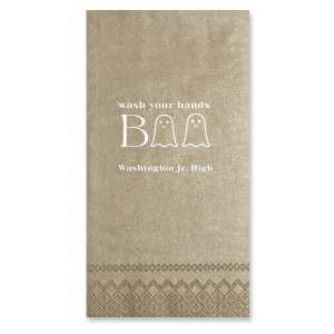 The Wash Your Hands Boo Napkin will elevate your bathroom this Halloween season. Two ghosts help spell out "wash your hands boo." You can personalize with your name, school, or location of your Halloween party!