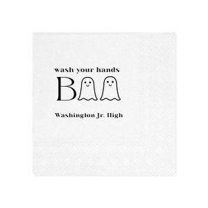 The Wash Your Hands Boo Napkin will elevate your bathroom this Halloween season. Two ghosts help spell out "wash your hands boo." You can personalize with your name, school, or location of your Halloween party!