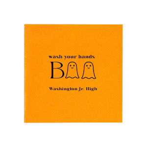 The Wash Your Hands Boo Napkin will elevate your bathroom this Halloween season. Two ghosts help spell out "wash your hands boo." You can personalize with your name, school, or location of your Halloween party!