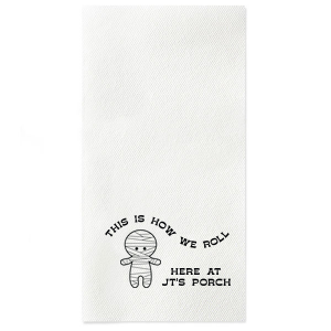 Get ready for Halloween season with the Mummy Halloween Napkin. Featuring a graphic of an adorable mummy below the phrase "this is how we roll," you can personalize with your name or your class name if you are having a school Halloween party. This cute Halloween party accessory is perfect for a kid's halloween party. 