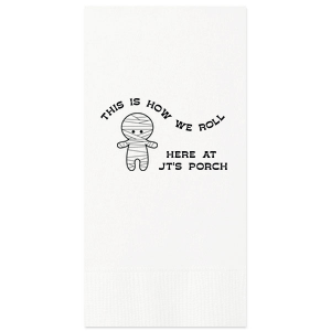 Get ready for Halloween season with the Mummy Halloween Napkin. Featuring a graphic of an adorable mummy below the phrase "this is how we roll," you can personalize with your name or your class name if you are having a school Halloween party. This cute Halloween party accessory is perfect for a kid's halloween party. 