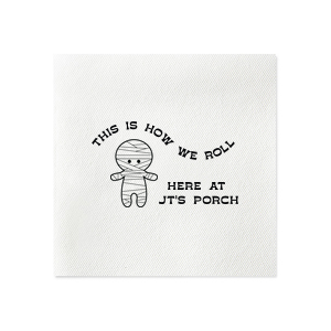 Get ready for Halloween season with the Mummy Halloween Napkin. Featuring a graphic of an adorable mummy below the phrase "this is how we roll," you can personalize with your name or your class name if you are having a school Halloween party. This cute Halloween party accessory is perfect for a kid's halloween party. 