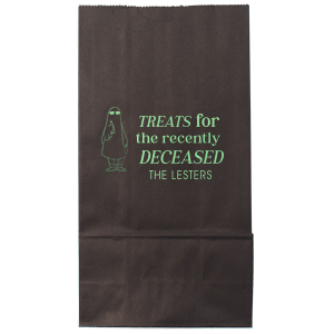 The Treats For The Recently Deceased Bag will make a spooky addition to your personalized Halloween supplies. Step your trick or treat bags up this year with a custom touch. Your Halloween bash will be a ghoulish delight. 