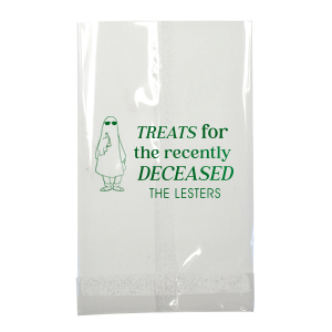 The Treats For The Recently Deceased Bag will make a spooky addition to your personalized Halloween supplies. Step your trick or treat bags up this year with a custom touch. Your Halloween bash will be a ghoulish delight. 