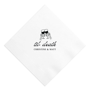 The design of Til Death Toast Napkin will be sure to raise glasses and spirits! Adorned with two skeletal hands clinking wine glasses above personalized text, they are perfect for seasonal weddings or Halloween events.