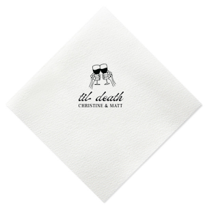The design of Til Death Toast Napkin will be sure to raise glasses and spirits! Adorned with two skeletal hands clinking wine glasses above personalized text, they are perfect for seasonal weddings or Halloween events.