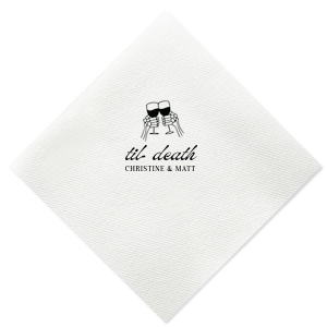 The design of Til Death Toast Napkin will be sure to raise glasses and spirits! Adorned with two skeletal hands clinking wine glasses above personalized text, they are perfect for seasonal weddings or Halloween events.