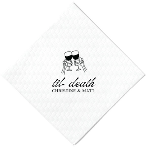 The design of Til Death Toast Napkin will be sure to raise glasses and spirits! Adorned with two skeletal hands clinking wine glasses above personalized text, they are perfect for seasonal weddings or Halloween events.
