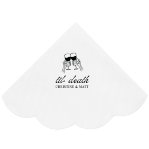 The design of Til Death Toast Napkin will be sure to raise glasses and spirits! Adorned with two skeletal hands clinking wine glasses above personalized text, they are perfect for seasonal weddings or Halloween events.