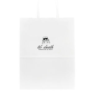 Ideal for gift bags or trick-or-treating, the Til Death Toast Bag is a must need accessory for your Halloween season. Adorned with two skeletal hands clinking wine glasses above personalized text, they are perfect for seasonal weddings or Halloween events.