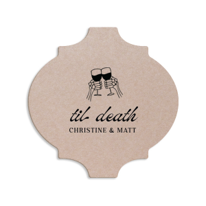 Elevate your party at home or in the office with the Til Death Toast Coaster. The sleek and fully customizable design is sure to make your event forgettable. Adorned with two skeletal hands clinking wine glasses above personalized text, they are perfect for seasonal weddings or Halloween events.