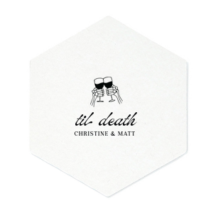 Elevate your party at home or in the office with the Til Death Toast Coaster. The sleek and fully customizable design is sure to make your event forgettable. Adorned with two skeletal hands clinking wine glasses above personalized text, they are perfect for seasonal weddings or Halloween events.