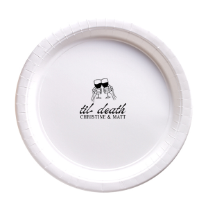 Treat your guests with the elegance of the Til Death Toast Plates at your next Halloween event. Guests will be clearing their plates to peak at the design underneath. Adorned with two skeletal hands clinking wine glasses above personalized text, they are perfect for seasonal weddings or Halloween events.