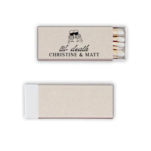 Find the perfect match with the Til Death Toast Match. Heat things up at your event with this striking accessory. Adorned with two skeletal hands clinking wine glasses above personalized text, they are perfect for seasonal weddings or Halloween events.