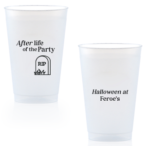 The After Life Of The Party Cup keeps the good times flowing for you Halloween events. Tickle funny bones with this macbre merchandise, your guests are sure to remember the personalized accessory long after the party is dead.  