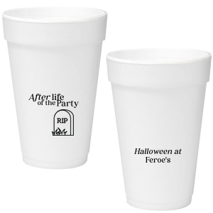 The After Life Of The Party Cup keeps the good times flowing for you Halloween events. Tickle funny bones with this macbre merchandise, your guests are sure to remember the personalized accessory long after the party is dead.  