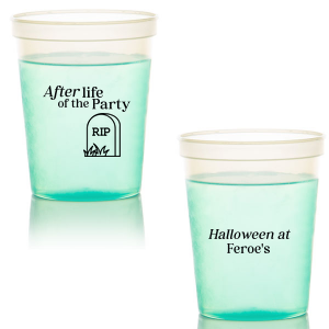The After Life Of The Party Cup keeps the good times flowing for you Halloween events. Tickle funny bones with this macbre merchandise, your guests are sure to remember the personalized accessory long after the party is dead.  