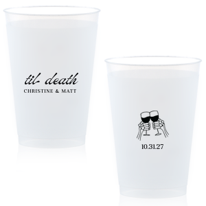 Celebrate Halloween in style with the Til Death Toast Cup. Featuring two skeleton hands cheering, this custom cup is perfect for your ghoulish gathering. Personalize with your name and the date of your event. 