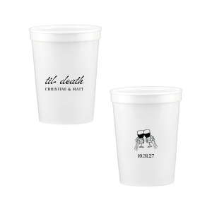 Celebrate Halloween in style with the Til Death Toast Cup. Featuring two skeleton hands cheering, this custom cup is perfect for your ghoulish gathering. Personalize with your name and the date of your event. 