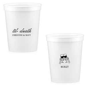 Celebrate Halloween in style with the Til Death Toast Cup. Featuring two skeleton hands cheering, this custom cup is perfect for your ghoulish gathering. Personalize with your name and the date of your event. 