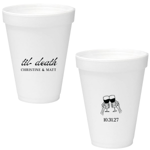 Celebrate Halloween in style with the Til Death Toast Cup. Featuring two skeleton hands cheering, this custom cup is perfect for your ghoulish gathering. Personalize with your name and the date of your event. 