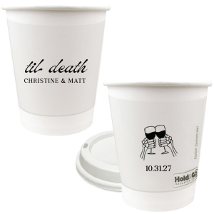 Celebrate Halloween in style with the Til Death Toast Cup. Featuring two skeleton hands cheering, this custom cup is perfect for your ghoulish gathering. Personalize with your name and the date of your event. 