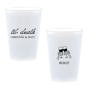 Celebrate Halloween in style with the Til Death Toast Cup. Featuring two skeleton hands cheering, this custom cup is perfect for your ghoulish gathering. Personalize with your name and the date of your event. 