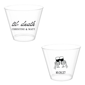 Celebrate Halloween in style with the Til Death Toast Cup. Featuring two skeleton hands cheering, this custom cup is perfect for your ghoulish gathering. Personalize with your name and the date of your event. 