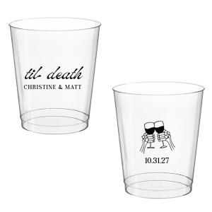 Celebrate Halloween in style with the Til Death Toast Cup. Featuring two skeleton hands cheering, this custom cup is perfect for your ghoulish gathering. Personalize with your name and the date of your event. 