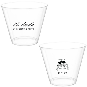 Celebrate Halloween in style with the Til Death Toast Cup. Featuring two skeleton hands cheering, this custom cup is perfect for your ghoulish gathering. Personalize with your name and the date of your event. 