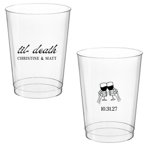 Celebrate Halloween in style with the Til Death Toast Cup. Featuring two skeleton hands cheering, this custom cup is perfect for your ghoulish gathering. Personalize with your name and the date of your event. 