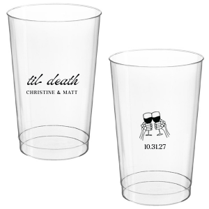 Celebrate Halloween in style with the Til Death Toast Cup. Featuring two skeleton hands cheering, this custom cup is perfect for your ghoulish gathering. Personalize with your name and the date of your event. 