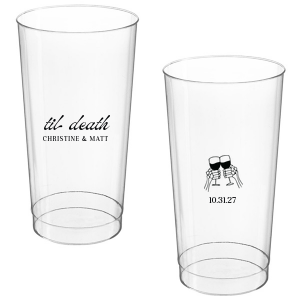 Celebrate Halloween in style with the Til Death Toast Cup. Featuring two skeleton hands cheering, this custom cup is perfect for your ghoulish gathering. Personalize with your name and the date of your event. 