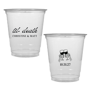 Celebrate Halloween in style with the Til Death Toast Cup. Featuring two skeleton hands cheering, this custom cup is perfect for your ghoulish gathering. Personalize with your name and the date of your event. 