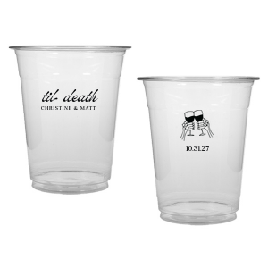 Celebrate Halloween in style with the Til Death Toast Cup. Featuring two skeleton hands cheering, this custom cup is perfect for your ghoulish gathering. Personalize with your name and the date of your event. 
